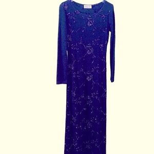 Allen B. Charcoal Grey embroidered maxi dress. Pull on. Long sleeve. Size 6.